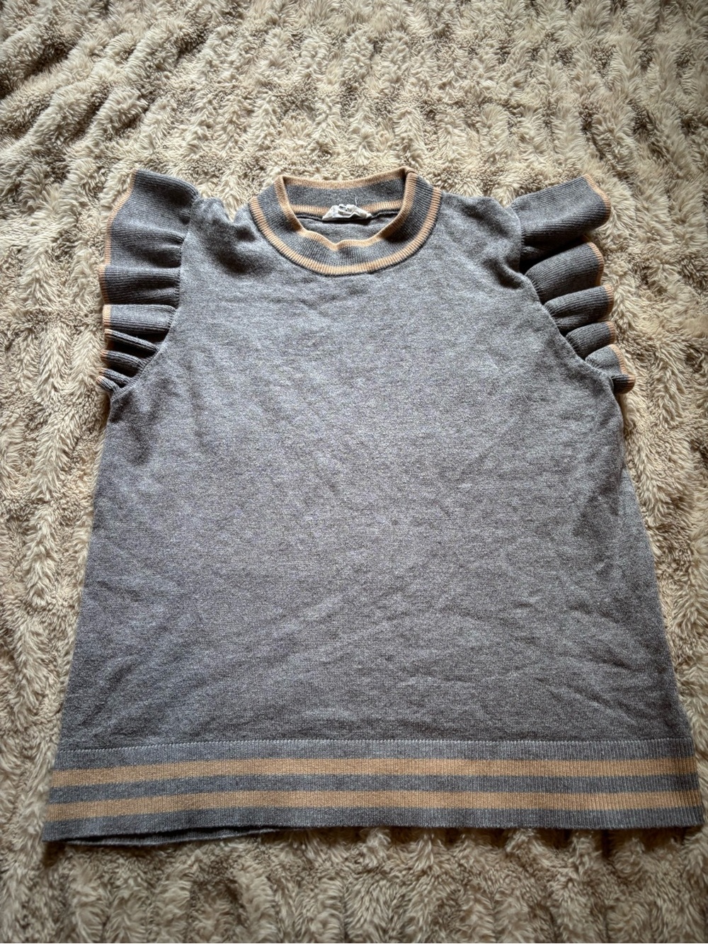 THML Gray Knit Ruffle Sleeve Top with Tan Trim